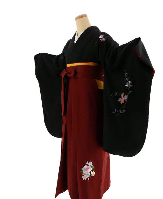 卒業式袴レンタルNo.492[Lサイズ][シンプル]黒・袖に花